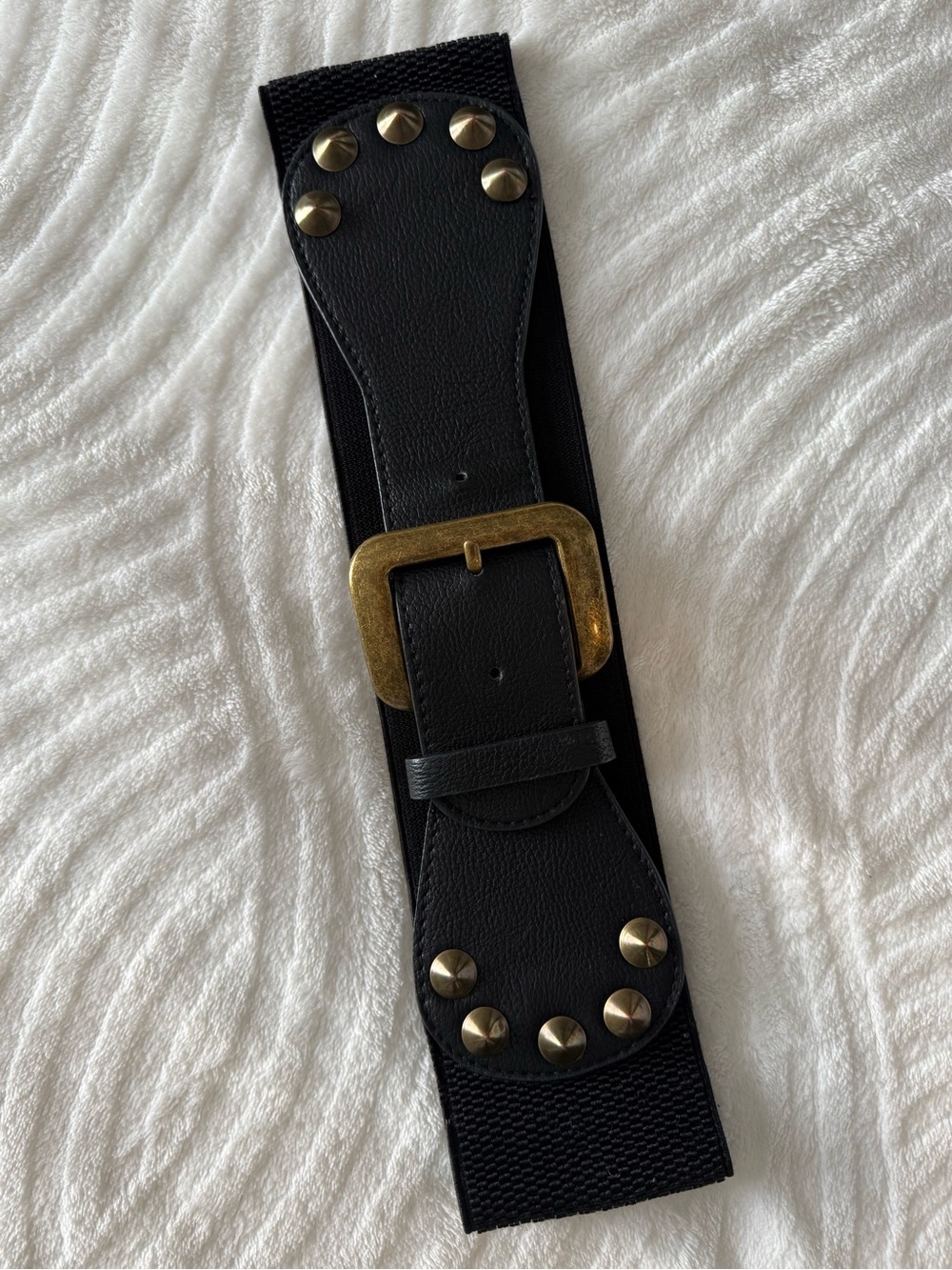 Wide Black Elastic Belt with Gold Studs & Buckle